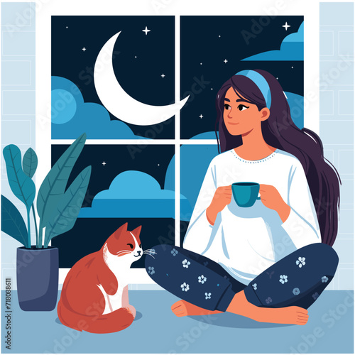 girl with a cat looking at the window and drinking coffee at night
