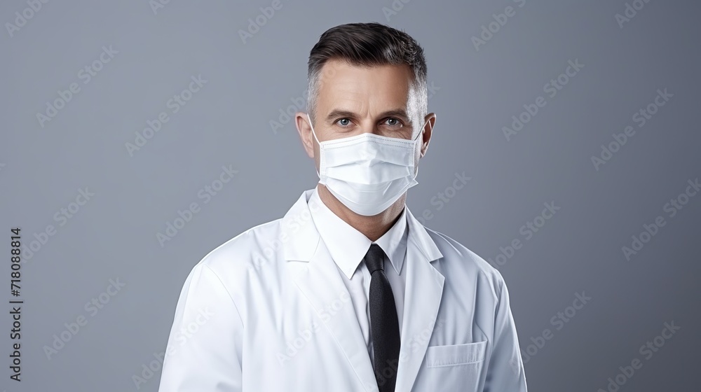 A male doctor wearing a white medical suit and mask due to covid-19 is seen in front of the white space. A male doctor wearing a white medical suit and mask due to covid-19 is seen in front of the white space.