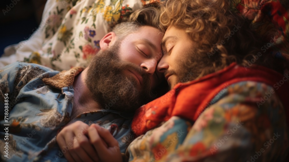 Close-up of a gay couple lying with their eyes closed and sleeping at home on a bed. Tender moments together, love concepts. Close-up of a gay couple lying with their eyes closed and sleeping at home on a bed. Tender moments together, love concepts.