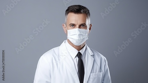 A male doctor wearing a white medical suit and mask due to covid-19 is seen in front of the white space.