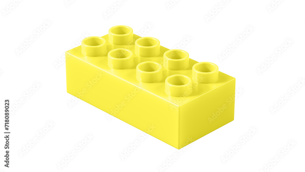 Fototapeta premium Lemon Plastic Block Isolated on a White Background. Children Toy Brick, Perspective View. Close Up View of a Game Block for Constructors. 3d Rendering. 8K Ultra HD, 7680x4320, 300 dpi