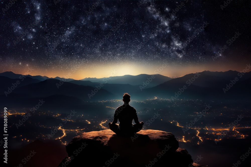 A man sits on a rock at night in the lotus position and meditates, the city lights are visible below.