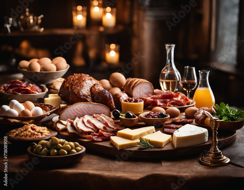 This image showcases a lavish spread of various gourmet foods arranged on a wooden table, creating an inviting and appetizing scene.