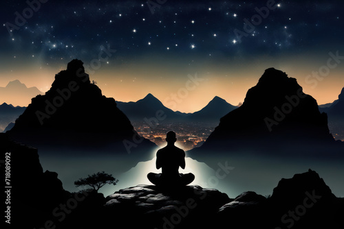 A monk sits at night by a lake in the mountains in the lotus position, with the city lights visible below. © Vladislav