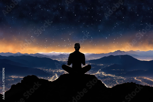 A man sits on a rock at night in the lotus position and meditates, the city lights are visible below.
