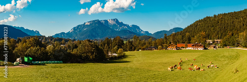 High resolution stitched alpine summer panorama at Lake Koenigssee, Schoenau, Berchtesgaden, Bavaria, Germany