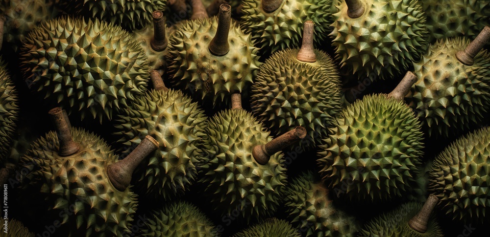 A pile of fresh green durian fruit. generative AI A pile of fresh green durian fruit. generative AI