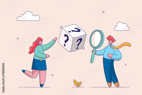 Random or chance to win concept. Unknown or uncertain. Gamble, risk management or analyze opportunity, prediction or forecast future, businessman with magnifying glass analyze dice with question mark.