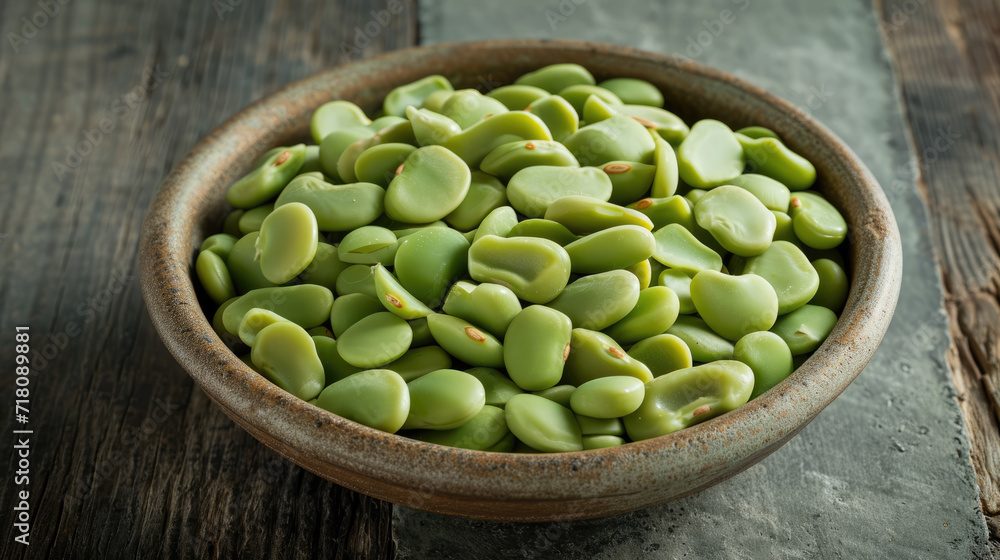 Raw organic fresh green beans ready for cooking in a bowl on a wooden table.