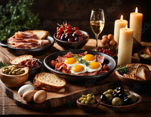 This image showcases a lavish spread of various gourmet foods arranged on a wooden table  creating an inviting and appetizing scene.