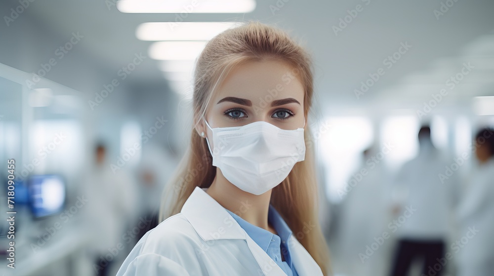 A picture of a female scientist in a laboratory wearing a medical mask.