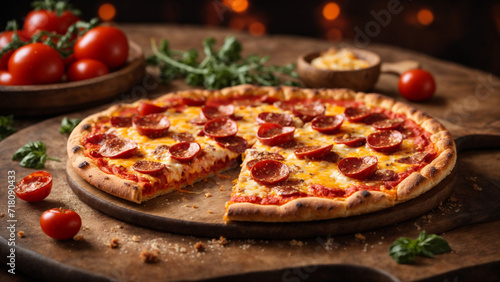Savor the moment with this mouthwatering pepperoni pizza close-up. Gooey cheese, crispy pepperoni on a rustic wooden table - an inviting culinary delight. 