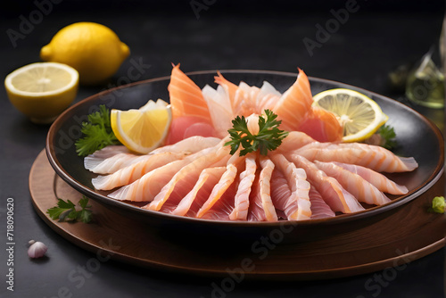 A plate of fresh delicious slice seafood fillet sashimi with onion and lemon isolated on dark background