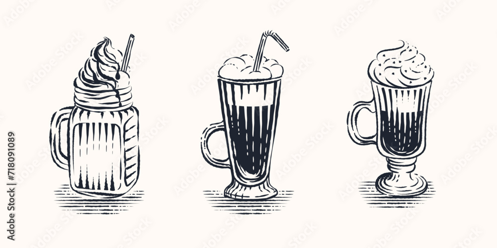 frappuccino, frappe, latte macchiato - set of Engraving coffee drinks illustration premium frappuccino, frappe, latte macchiato - set of Engraving coffee drinks illustration premium