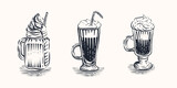 frappuccino, frappe, latte macchiato - set of Engraving coffee drinks illustration premium