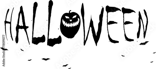 Vektor Silhouette - Gruseliger Halloween Schriftzug mit Kürbis und Fledermäusen