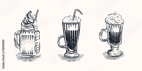 frappuccino, frappe, latte macchiato - set of Engraving coffee drinks illustration premium