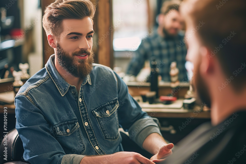 a handsome model man with a beard in the hairdresser barbershop salon gets a new haircut trim and style it. sitting on the chair and talks to the hairstylist barber. guy smiling. - obrazy, fototapety, plakaty 