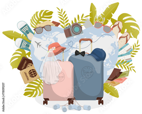 Honeymoon trip. Romantic honeymoon, Newlyweds in the form of suitcases. Honeymoon. The bride and groom are going on vacation.