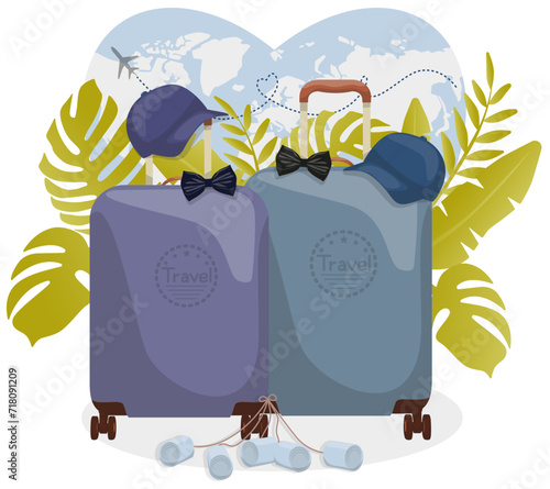 Romantic wedding trip for LGBT newlyweds. Happy LGBT newlywed couple, honeymoon.