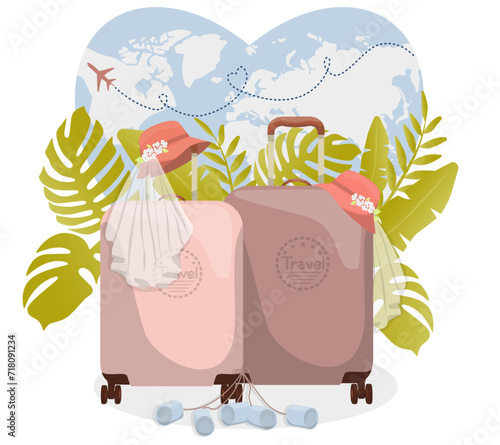 Honeymoon trip of LGBT newlyweds. Happy LGBT newlywed couple, romantic honeymoon.