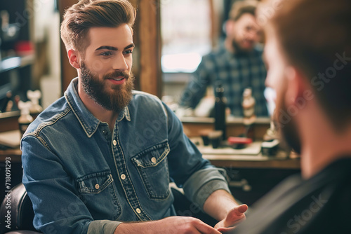 a handsome model man with a beard in the hairdresser barbershop salon gets a new haircut trim and style it. sitting on the chair and talks to the hairstylist barber. guy smiling. photo
