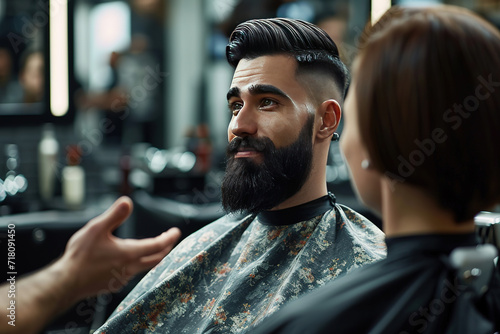 a handsome model man with a beard in the hairdresser barbershop salon gets a new haircut trim and style it. sitting on the chair and talks to the hairstylist barber. guy smiling. photo