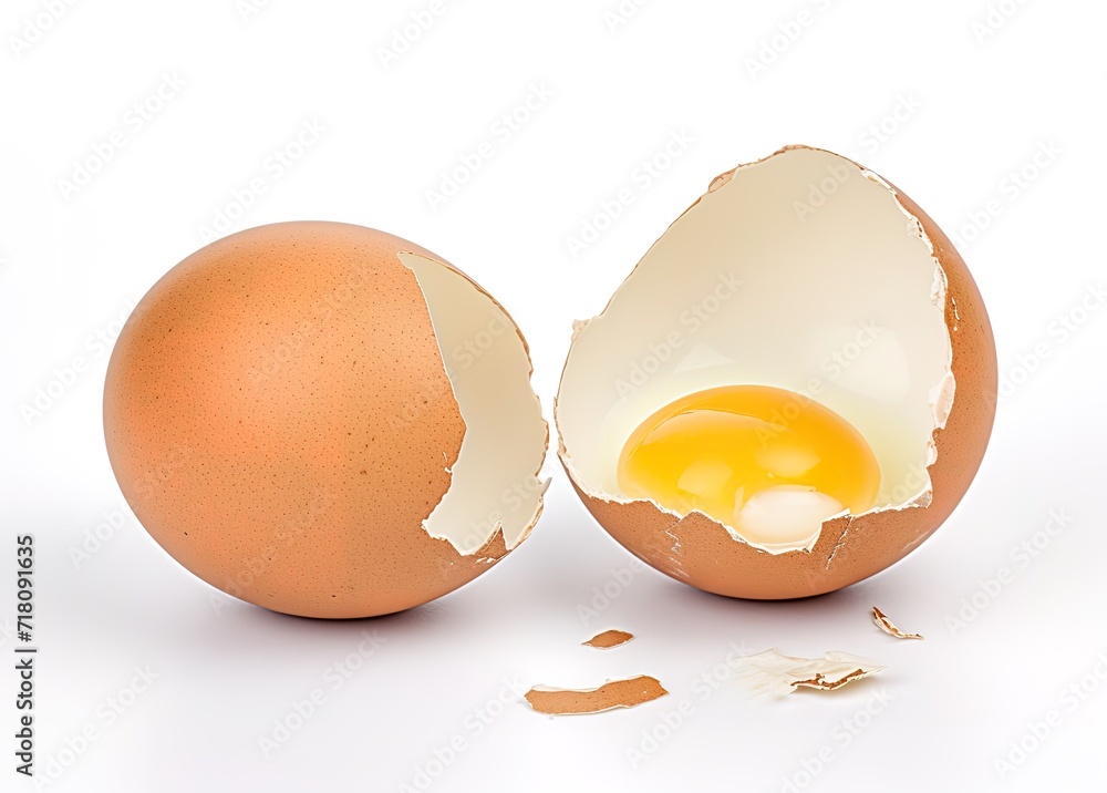 An open egg with yolk inside on white background An open egg with yolk inside on white background