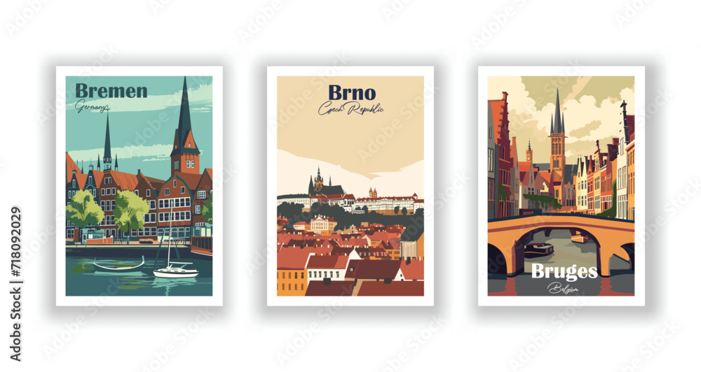 Fototapeta premium Bremen, Germany. Brno, Czech Republic. Bruges, Belgium - Vintage Travel Posters