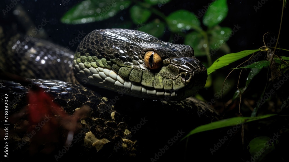 A stealthy snake gliding through the undergrowth of a nighttime jungle A stealthy snake gliding through the undergrowth of a nighttime jungle