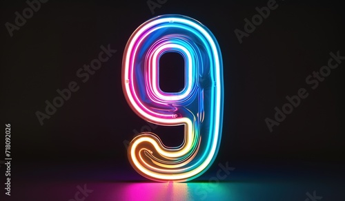 Bright neon number nine illuminated in different colors on a dark background, ideal for events, anniversaries and celebrations. photo