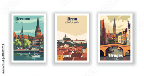 Bremen, Germany. Brno, Czech Republic. Bruges, Belgium - Vintage Travel Posters photo