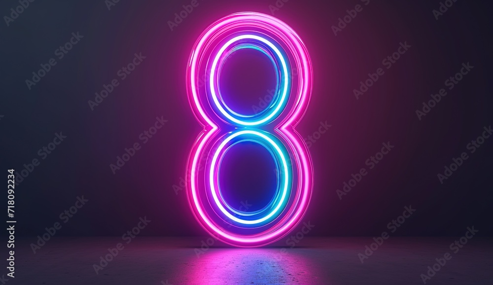 A bright neon number 8 illuminated in shades of pink and blue, perfect for countdowns, date nights or special offers.
