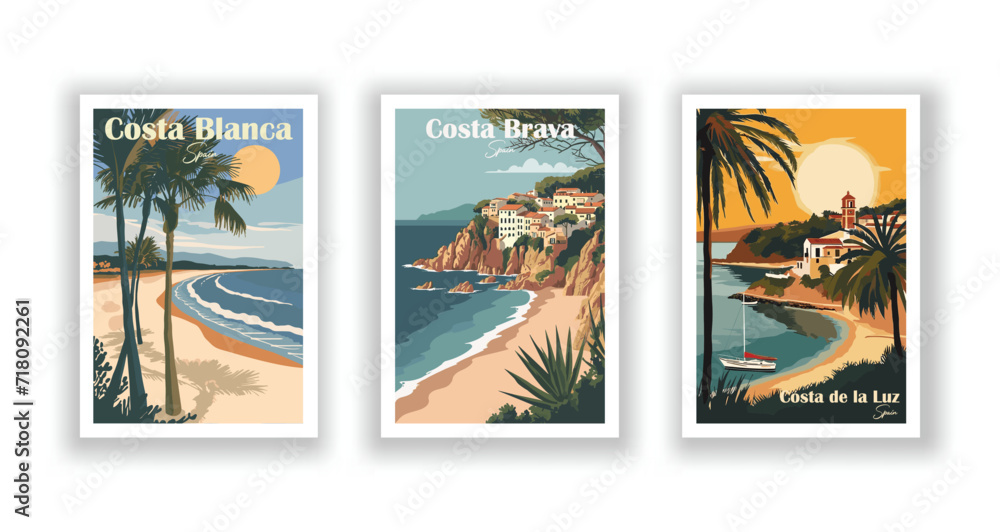 Costa Blanca, Spain. Costa Brava, Spain. Costa de la Luz, Spain - Vintage Travel Posters