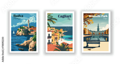 Brussels Park, Belgium. Budva, Montenegro. Cagliari, Italy - Vintage Travel Posters