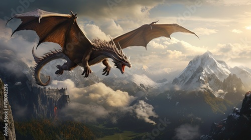 A majestic dragon soaring over an ancient mountain range © MAY