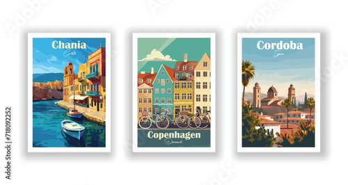 Chania, Crete. Copenhagen, Denmark. Cordoba, Spain - Vintage Travel Posters