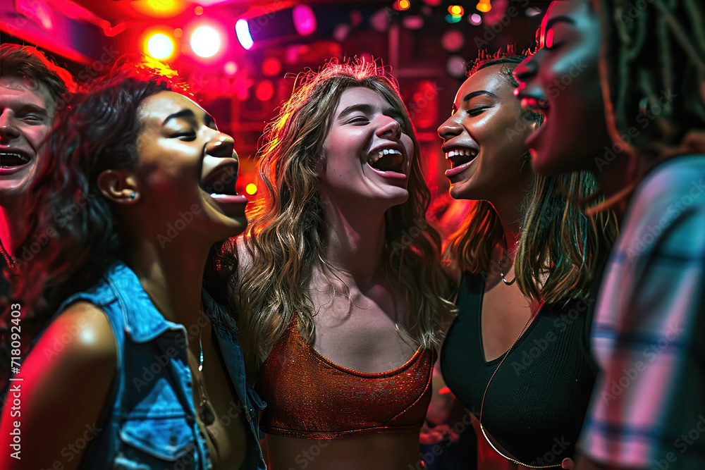 a group of diverse young friends singing at a karaoke party in a night club, laughing and having fun together. a group of diverse young friends singing at a karaoke party in a night club, laughing and having fun together.