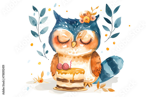 Hand drawn cute cartoon owl in style of childlike simpl   watercolor. Doodle illustration