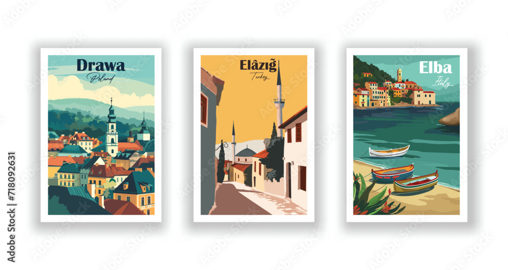 Drawa, Poland. Elâzığ, Turkey. Elba, Italy - Vintage Travel Posters