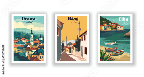 Drawa, Poland. Elâzığ, Turkey. Elba, Italy - Vintage Travel Posters