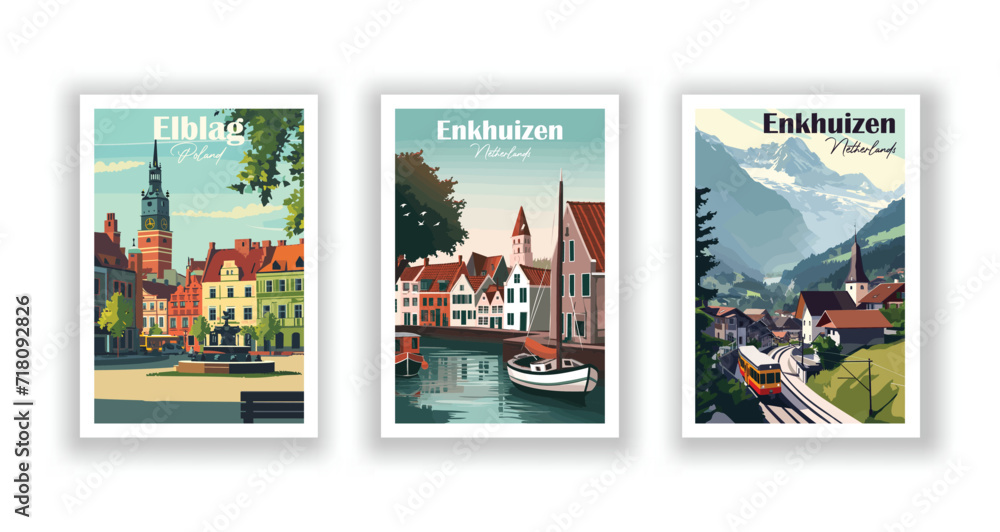 Elblag, Poland. Engelberg, Switzerland. Enkhuizen, Netherlands - Vintage Travel Posters