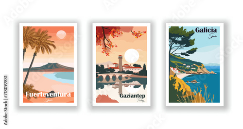 Fuerteventura, Spain. Galicia, Spain. Gaziantep, Turkey - Vintage Travel Posters