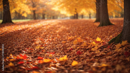Captivating autumn foliage scene with golden leaves falling  creating a vibrant carpet. Serene atmosphere. Perfect for nature lovers and seasonal themes.