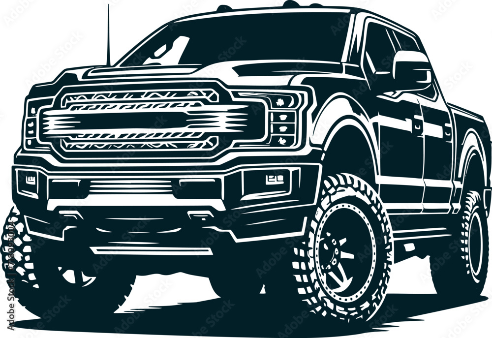 Vector drawing of a modern pickup truck presented in a monochrome stencil style isolated on a white background in a half-turn
