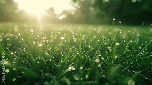 Close-up of dew drops on green grass blades, illuminated by the soft light of a rising sun. photo