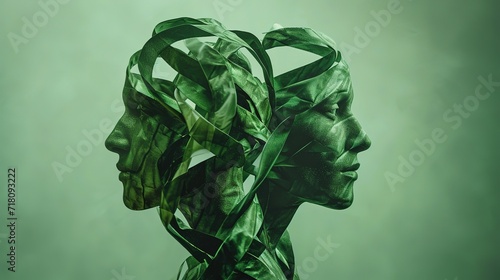Two human profiles with a green abstract design, symbolizing concepts of nature, growth, and interconnectedness.