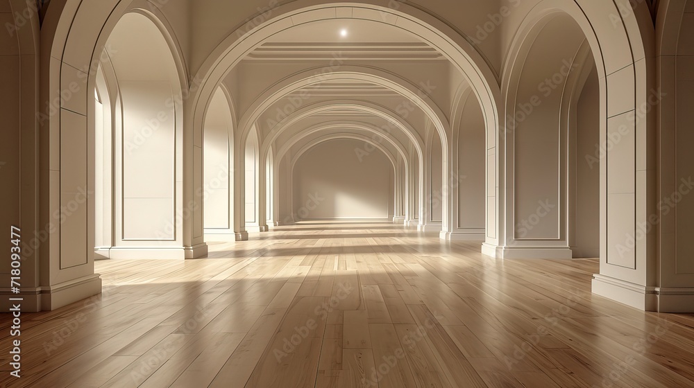An expansive arched hallway bathed in warm sunlight, featuring elegant wooden floors and a serene, inviting atmosphere.