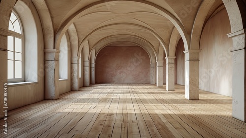 This image showcases a serene arched corridor with natural sunlight casting dynamic shadows over a herringbone wood floor.