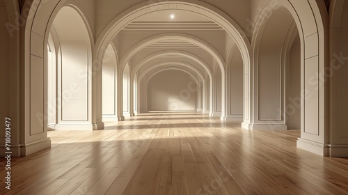 An expansive arched hallway bathed in warm sunlight  featuring elegant wooden floors and a serene  inviting atmosphere.